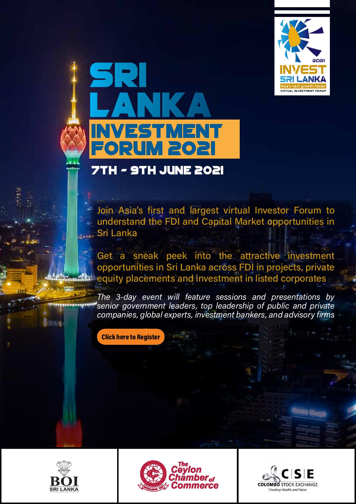 Sri Lanka investment forum 2021 7th to 9th June 2021